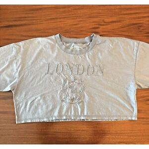 Aeropostale London Cropped Boyfriend Graphic Tee Women's XL Blue Embroidered‎